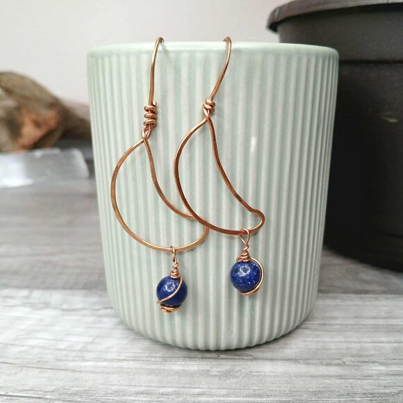 BOGO EARRINGS Lapis lazuli crescent moon dangle earrings, 2.5" - Picture 4 of 5